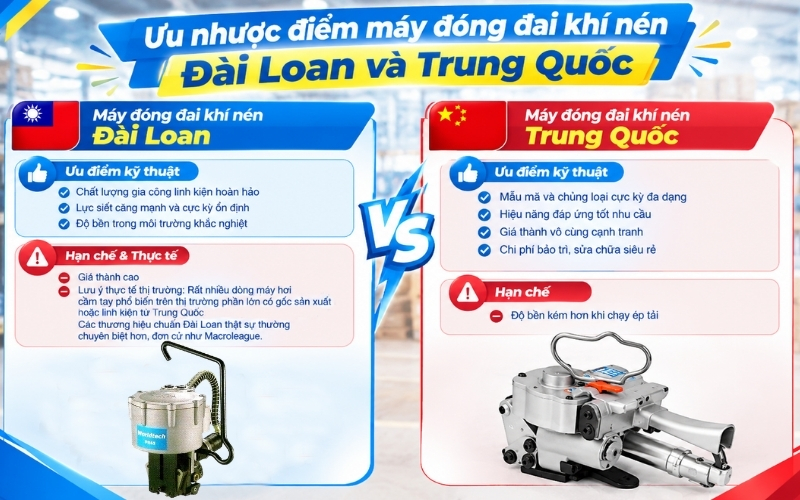 Ưu nhược điểm máy đóng đai khí nén Đài Loan và Trung Quốc